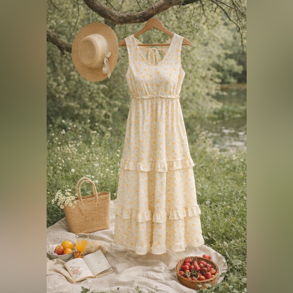 By the River Floral Midi Dress Womens L Cream Yellow Orange Kentucky Derby Boho